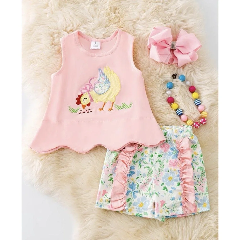 NEW Boutique 3T Embroider Chicken Spring Easter Chick Floral Scallop Outfit Set